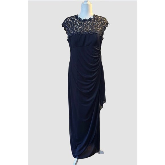 Alex Evenings Dresses & Skirts - Womens Alex Evenings Dress Holiday Formal Navy Lace Cap Ruched Chiffon size 14